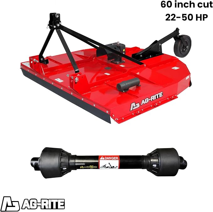 60 Inch Brush Hog Tractor Rotary Cutter with PTO, Fits 22-50 HP | Cat 1 & 2, Heavy Duty 3 Point PTO Rotary Mower, 6 Gauge Steel Deck, Slip Clutch Driveline, Cuts 2 Inch Brush