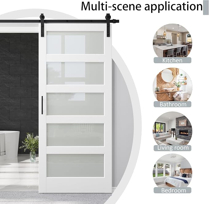 32" x 80" Pre-Assembled Barn Door and 6FT Sliding Door Hardware Kit Included & Handle, 5-Lite Frosted Glass White Sliding Barn Door for Closet Bathroom Bedroom, Solid & Water-Resistant MDF, Paintable
