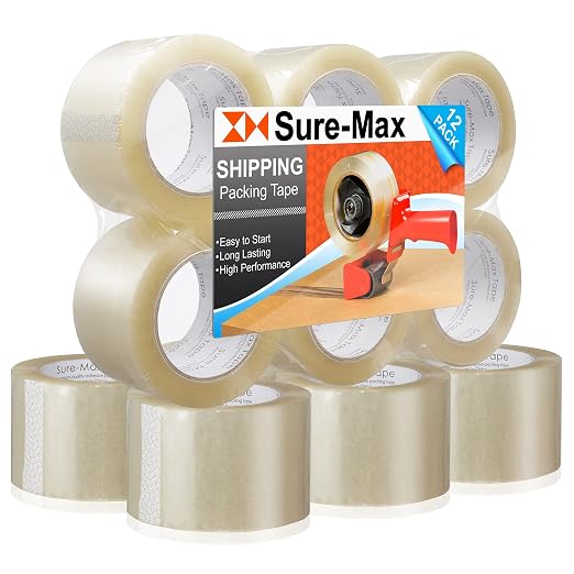 Sure-Max 12 Rolls Extra-Wide Shipping & Packing Tape (3" x 110 yard/330' Each) - Moving & Adhesive Carton Sealing - 2.0mil Clear