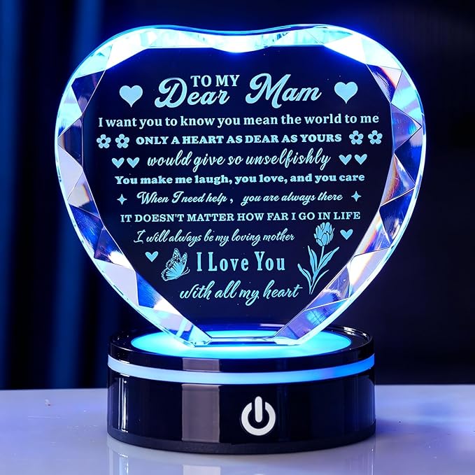 Crystal Heart Birthday Gifts Ideas for Mother from Son Daughter Moms Mother's Day Mothers Day Gifts for Mom Romantic Best Unique Keepsakes Presents with Colorful LED Base Gift (Mom Gifts)