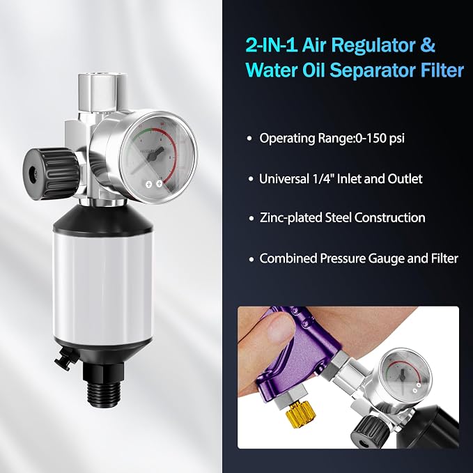 HVLP Air Spray Gun with 1.4/1.7/2mm Nozzles & Air Compressor Regulator, Air Spray Paint Gun w/10pcs 600cc Mixing Cup and Lids, Automotive Paint Sprayer for Car, House Painting, Furniture (Purple)