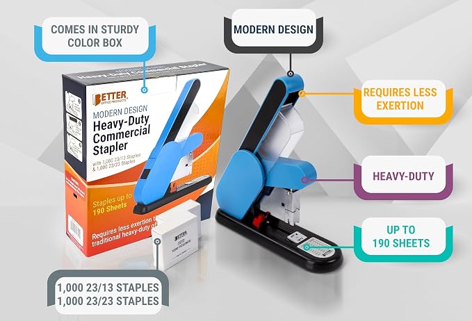 Heavy Duty Modern Stapler, Effortless Lever, 190 Sheet Capacity, 2,000 Heavy Duty Staples Included, Desk Stapler, Large Commercial Office Stapler, by Better Office Products