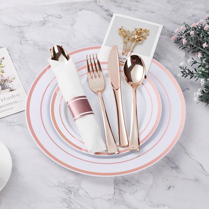 BESTVIP 700PCS Rose Gold Plastic Dinnerware Set, Disposable Party Plates for 100 Guests, Include: 200 Plastic Plates, 100 Pre Rolled Napkins with Rose Gold Silverware, 100 Cups for Christmas