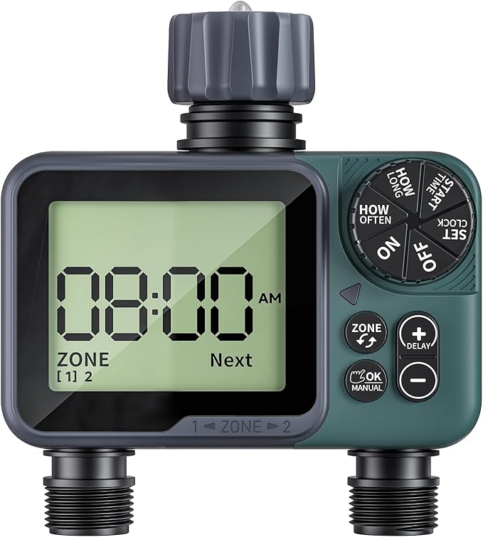 Sprinkler Timer 2 Zone & Digital Water Timer for Garden Hose, Yard, Lawn, Pool – Programmable Irrigation Controller with Rain Delay, IP55 Waterproof Auto & Manual Irrigation System
