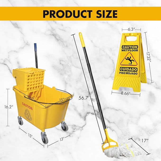 KULED Commercial Mop Bucket with Side Press Wringer, Including Wet Floor Caution Sign and One Industrial Mop with 2 Mop Heads, for Floor Cleaning and Mopping, 38 Quart, Yellow
