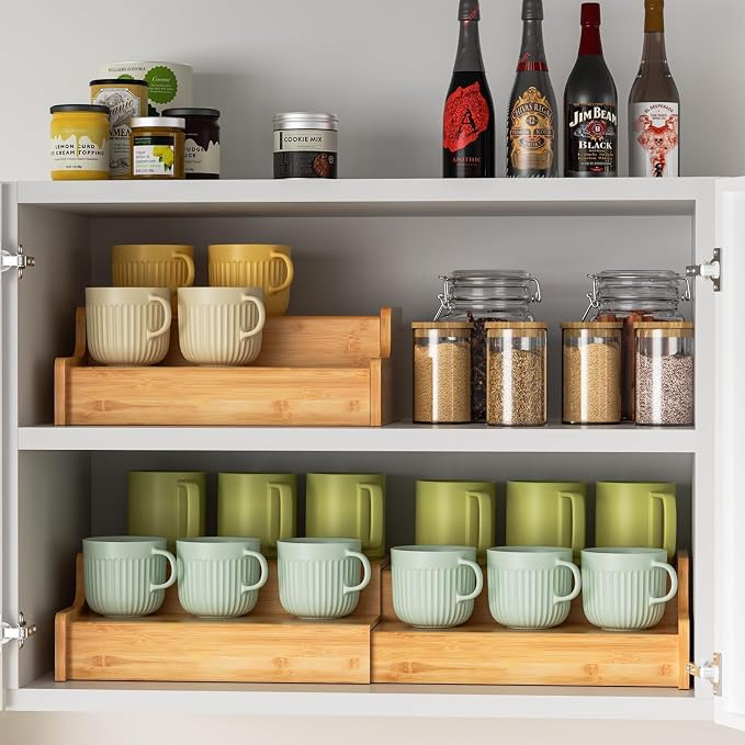 Hongtamoya 2-Tier Expandable Bamboo Coffee Mug Holder, Mug Organizer for Kitchen Cabinets, Mug Cup Rack, Multi-Functional Cup Holder Shelf, Coffee Bar Organizer, Home