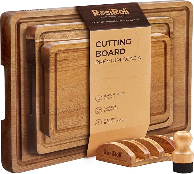 Non-toxic Acacia Wood Cutting Board Set of 3 for Kitchen | Kiln-Dried & Pre-Oiled 3x, Warp-Resistant Solid Acacia with Juice Groove, Handles & Anti-Slip Feets