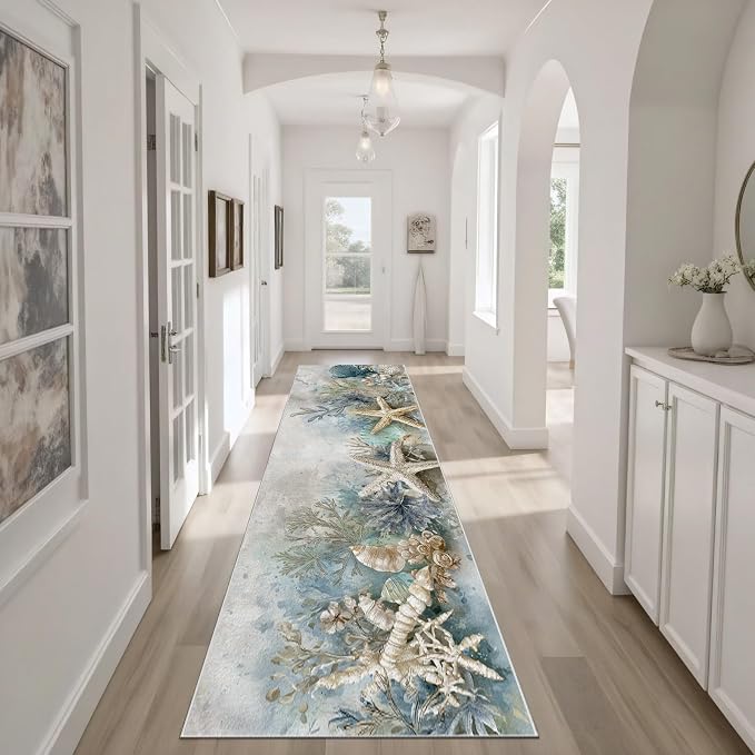 Seaside Coastal Washable Runner Rug 2.6x7 - Starfish Coral Hallway Rug, Ultra-Thin Kitchen Rugs, Watercolor Ocean Anti Slip Runner Rugs for Entrance Laundry Room Corridor Bedroom