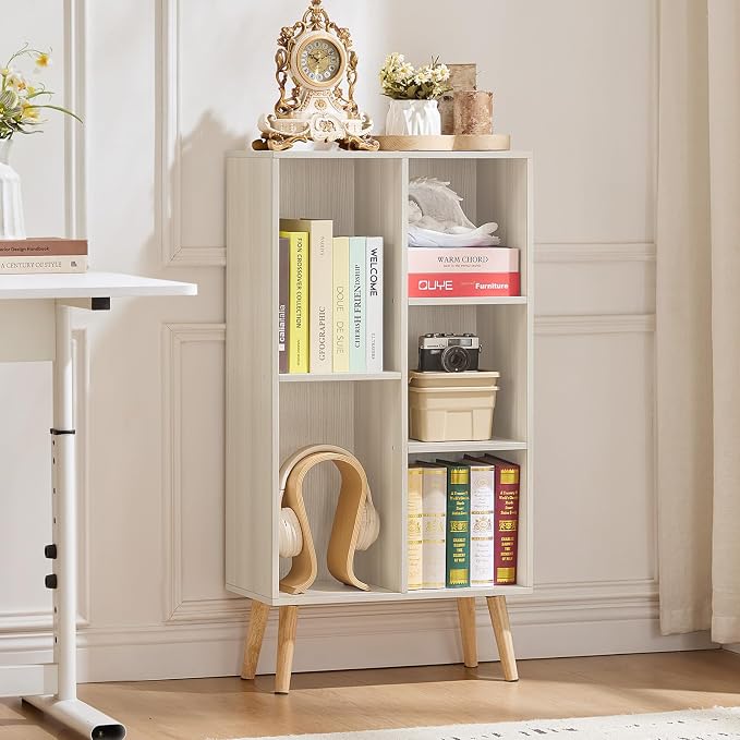 LEYAOYAO 5 Cube Bookshelf,Mid-Century Modern Bookcase with Legs,Light Grey | 3 Tier Book Shelf,Rustic Wood Bookshelves Freestanding Small Storage Organizer, Open Shelves for Bedroom, Living Room, Office