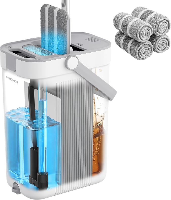 SONGMICS Mop and Bucket Set, Flat Mop with 3-Chamber Clean & Dirty Water Separation System, Wringer Bucket, 360° Rotating Head, 4 Microfiber Pads, White and Gray ULMB001WT04