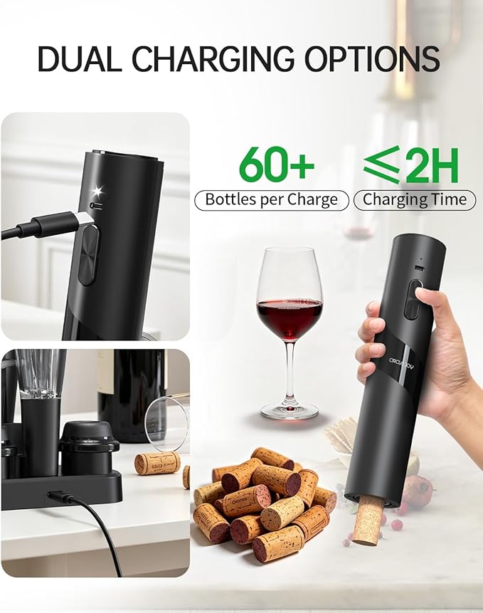 CIRCLE JOY Rechargeable Wine Opener Electric Wine Bottle Opener, 7-in-1 Wine Gift Set with Electric Vacuum Pump, Charging Station, Foil Cutter, Wine Aerator Pourer and 2 Wine Stoppers, Black
