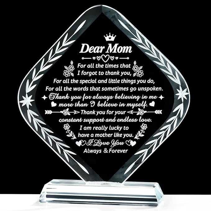 Movdyka Gifts for Mom, Crystal Engraved Keepsakes Plaque, Mom Gifts from Daughter Son Best Birthday Gifts for Mom Mothers Day Valentines Gifts for My Mom Christmas Anniversary Presents for Mother