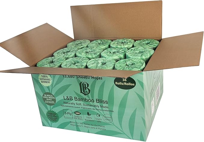 L&B Bamboo Bliss Toilet Paper, 3-Ply, Jumbo Pack, 36 Mega Rolls = 90 Regular Rolls, 380 Sheets per Roll, Ultra Soft, Individually Wrapped, Septic Safe