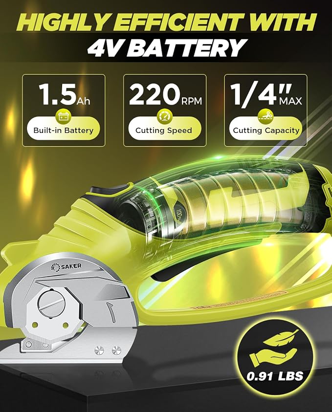 Saker Box Cutter Electric Cordless: Card board Cutter Scissors for Fabric Leather Paper Plastic - Cardboard Cutting Tool with 4V Recharged Battery - Safety Lock and LED Light for Cutting,Green