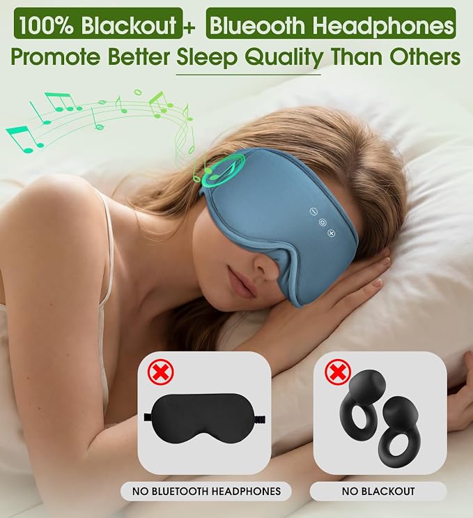 Bamboo Cotton Sleep Mask for Women - Bluetooth Sleep Headphones for Side Sleeper Blackout Eye Mask for Sleeping 3D Contoured Sleep Eye Cover Headband Ear Plugs Low Noise Hook (Blue)