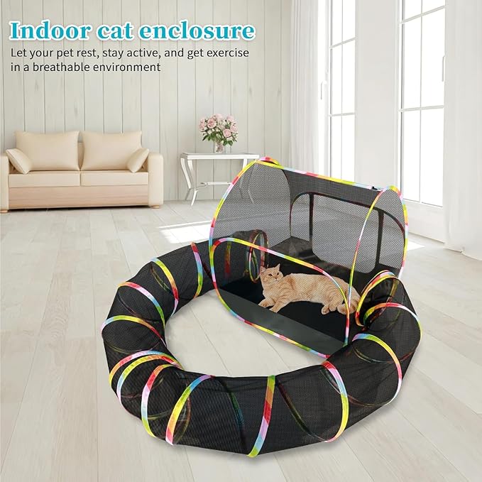 Outdoor Cat Enclosure 2-in-1, Extra Large Pop Up Cat Tent with 134" Tunnel for Indoor Cats, Expandable Foldable Cat Playpen for Backyard Camping, Fits Rabbits & Small Animals,1-Min Setup