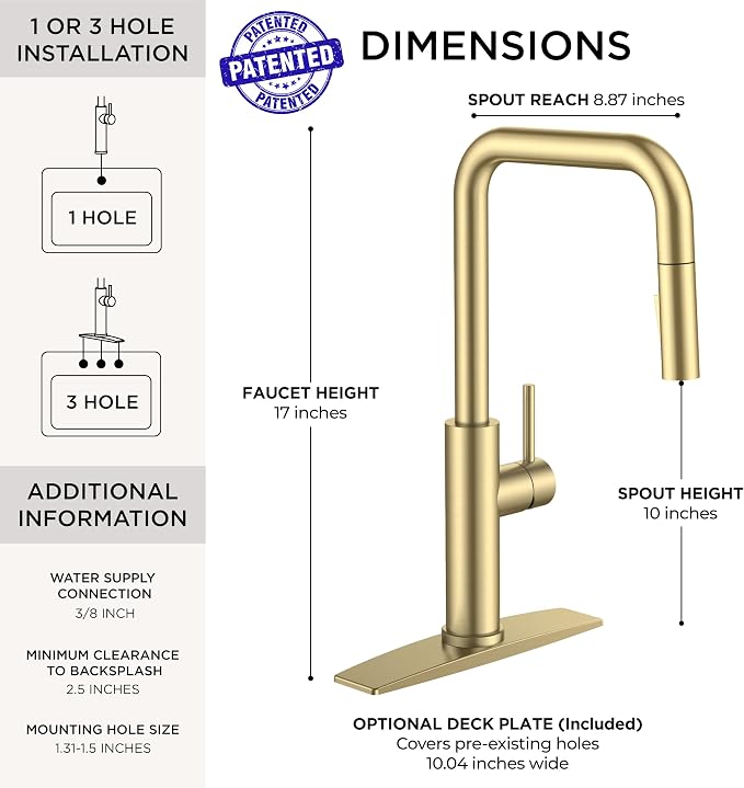 FORIOUS Kitchen Faucet with Pull Down Sprayer, Brushed Gold Single Handle U-Spout Stainless Steel Kitchen Sink Faucet, 1 or 3 Hole Deck Mount for RV, Bar, Farmhouse, Laundry, Outdoor