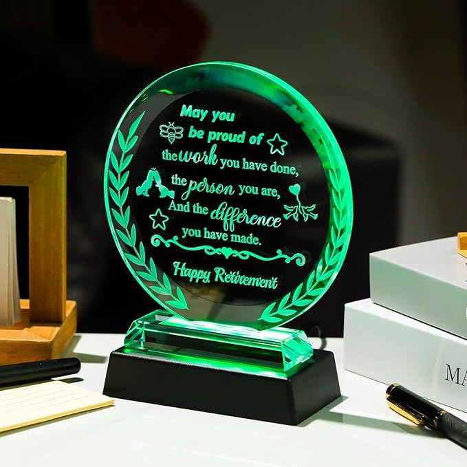 Happy Retirement Gifts for Woman Men Crystal Retirement Plaque Gifts with LED Light Base 2026 Glass Keepsake for Retired Boss Friend Coworker Teacher Going Away