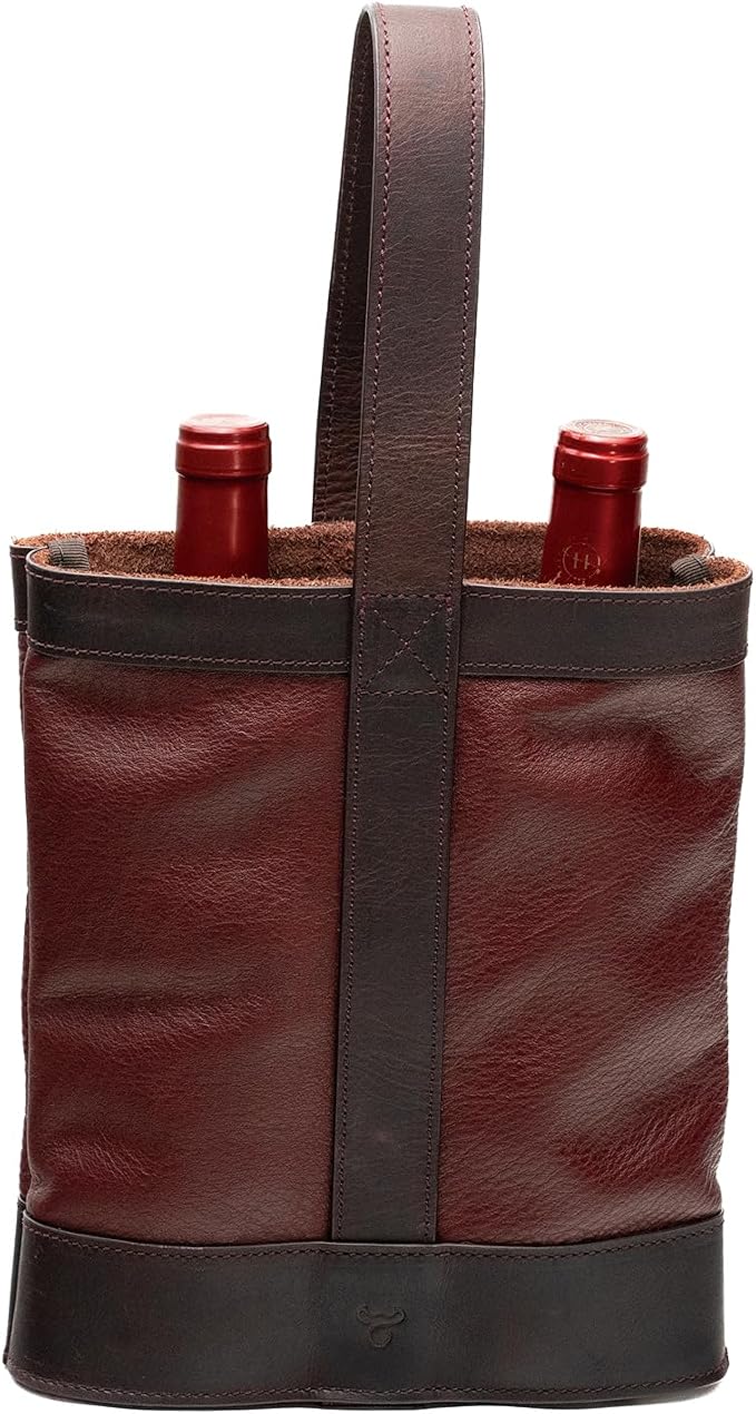 Double Wine Carrier Bag – Leather Wine Tote for Two Bottles with Handles & Metal Buckle – Protective Carrier for Picnic, Wine Champagne Gift Bag (Merlot)