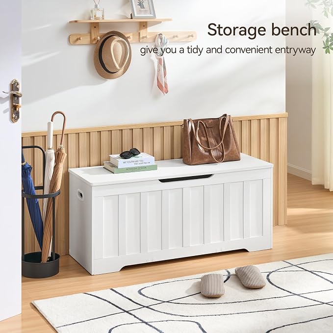 VANKILEY 43.3" Storage Chest Extra Large,Storage Trunk with 2 Safety Hinges,Wooden Storage Bench,Shoe Bench,43.3x15.7x19.1 Inch,Easy Assembly,Storage Bench for Bedroom,Living Room,entryway(White)