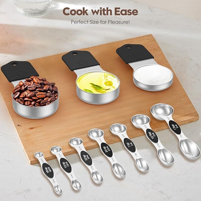 Magnetic Measuring Cups and Spoons Set – 304 Stainless Steel | Dual-sided Design | 15-Piece with Leveler | N52 Space-Saving Magnetic Nesting | Baking & Meal Prep | Kitchen Gift (Black)