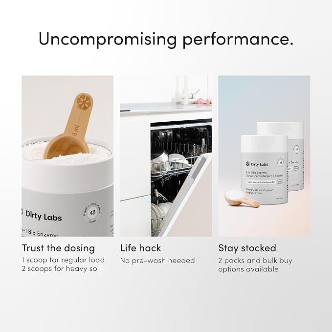 Dirty Labs | Dishwasher Detergent and Booster | Scent Free | 96 Loads (2 lbs) | Ultra Clean, Spot Free, Quick Wash Optimized | Hyper Concentrated