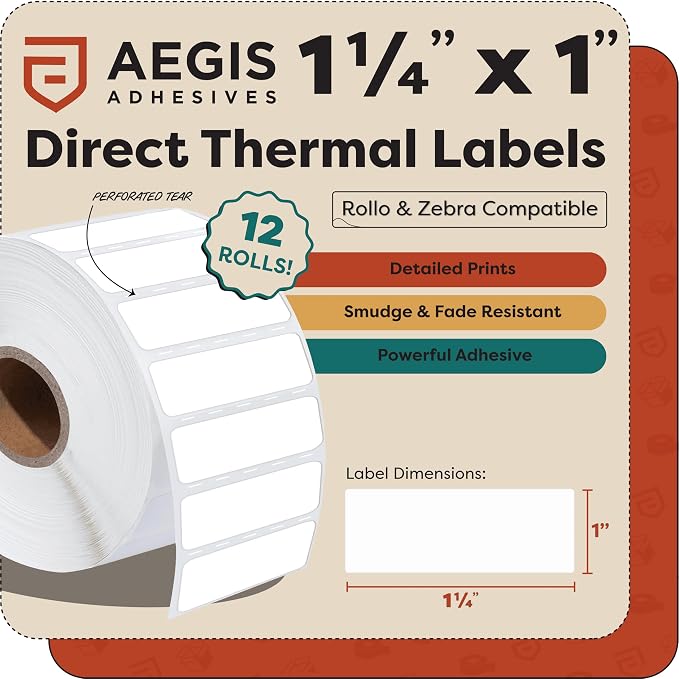 Aegis Adhesives - 1.25" X 1" Direct Thermal Printer Labels (15600 Count, 12 Rolls) - Barcode Stickers, SKU Labels, Product Identification - Compatible With Zebra Desktop Printers, NOT Rollo Compatible
