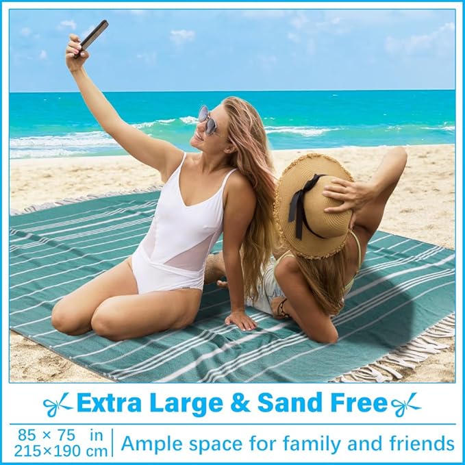 Vikumond Turkish Beach Towel Blanket Oversized 85x75 Inch Quick Dry Teal | Lightweight Compact Portable Sand Free Absorbent Boho Woven Throw for Pool Swimming Picnic Camping Cruise Outdoor Essentials
