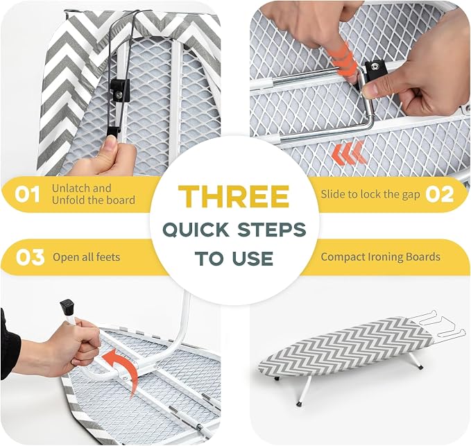 Folding Ironing Board for Small Space, RAINHOL Mini Collapsible Ironing Boards, with Hook, Iron Rest, Heat-Resistant 100% Cotton Cover and Pad, Gray and White Stripes, 31" x 12", Steel Mesh