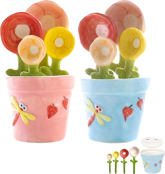 Ceramic Flower Measuring Spoons Set with Flowerpot Base, 2026 Decorative Cute Measuring Cups and Spoons Set with Holder for Dry and Wet Ingredients (Pink+Blue)