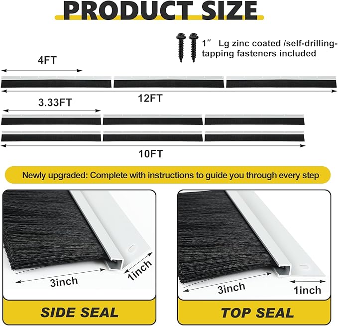 DoubleFill 12 x 10 ft Garage Door Brush Seal Kit, 3 Inch Roll up Door Seal with Aluminum Track, Heavy Duty Nylon Brush for Commercial Doors, Warehouse Barn, Energy Saving, Pest Proof, Black