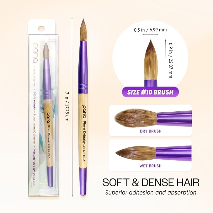 PANA Pure Kolinsky Hair Acrylic Nail Brush - Round Shape Purple Ferrule with Beige Wood Handle (Size 10)