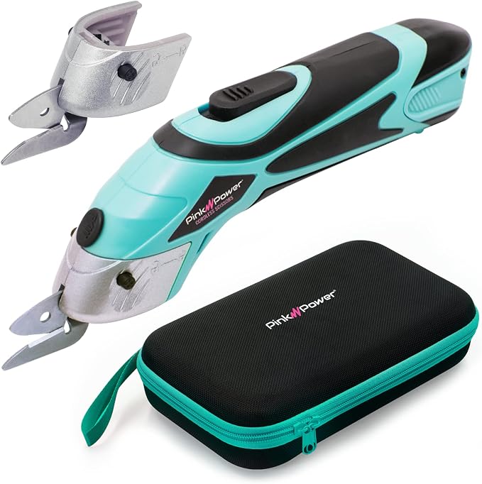 Pink Power Electric Fabric Scissors Box Cutter for Crafts, Sewing, Cardboard, & Carpet - Heavy Duty Professional Cutting Tool - Aqua Splash Cordless Electric Scissors Fabric Cutter w/Storage Case