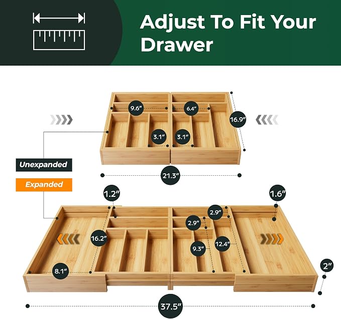 Large Silverware Organizer, 12 Slots Magnetic Connected Expandable Bamboo Utensil Drawer Organizer From 21 to 37.4 Inches, Adjustable Flatware and Cutlery Holder, Utensil Tray for Kitchen Natural