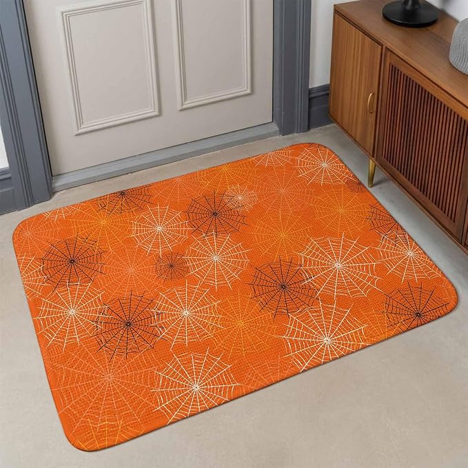 Orange Halloween Washable Area Rugs for Living Room Bedroom, Large Non Slip Indoor Floor Carpet Absorbent Low Pile Black White Net Halloween Door Mat Rugs for Bathroom Entryway 47.2"x63"
