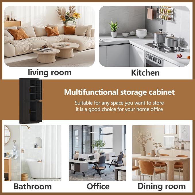 GAIOUS 63" Metal Corner Kitchen Pantry Cabinet, Food Storage Cupboard Black | Tall Steel Storage Cabinet with 4 Doors and 3 Shelves, Kitchen Food Cabinets with 6 Door Panel Shelves, Farmhouse, for Dining