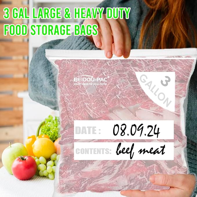 BEIDOU-PAC 3 Gallon Large Plastic Bags with Zipper Top, | 100 Count | 2 Mil | 16" x 18" | Heavy-Duty Reusable Clear Freezer Storage Bags