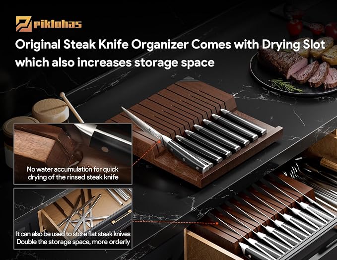 Steak Knives Set of 8 with Drawer Organizer Built-in Sharpener, 4.6 Inch Non Serrated Dinner Knife, Forged German Steel Damascus Pattern Straight Edge Meat Knife with Full Tang Handle, Black | 4.6 Inch Non Serrated Dinner Knife, Forged German Steel Dam...