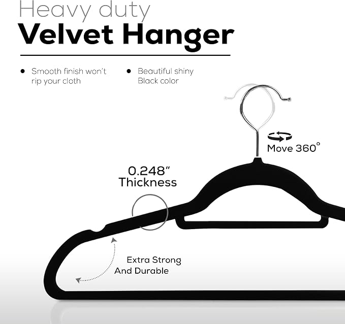 Utopia Home Premium Velvet Hangers 150 Pack - Non-Slip Clothes Hanger with Tie Bar - Black Hangers with 360 Degree Rotatable Hook - Heavy Duty Coat Hanger
