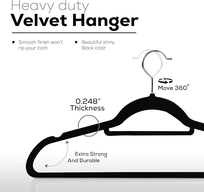 Utopia Home Velvet Hangers 100 Pack – Premium Hangers with Tie Bar - Black | Non-Slip Slim Clothes & Coat Hangers with Tie Bar, Space-Saving Heavy Duty Design, 360° Swivel Hook