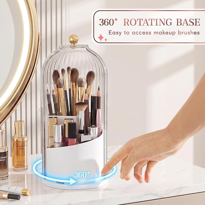 Novabright 4 Pack Makeup Brush Holder with Lid 360° Rotating Makeup Brush Organizer with 3 Compartments Dustproof Cosmetic Storage for Vanity Bathroom Countertop (Transparent)
