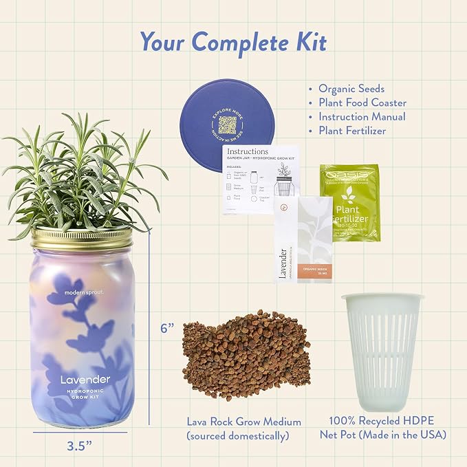 Modern Sprout Mason Garden Jar + Replant Kit - Self-Watering Hydroponics Growing System Kit w/Organic Herb Seeds - Jar Planter for Indoor Herb Garden - Seed Starter - Gift for Mother's Day - Lavender