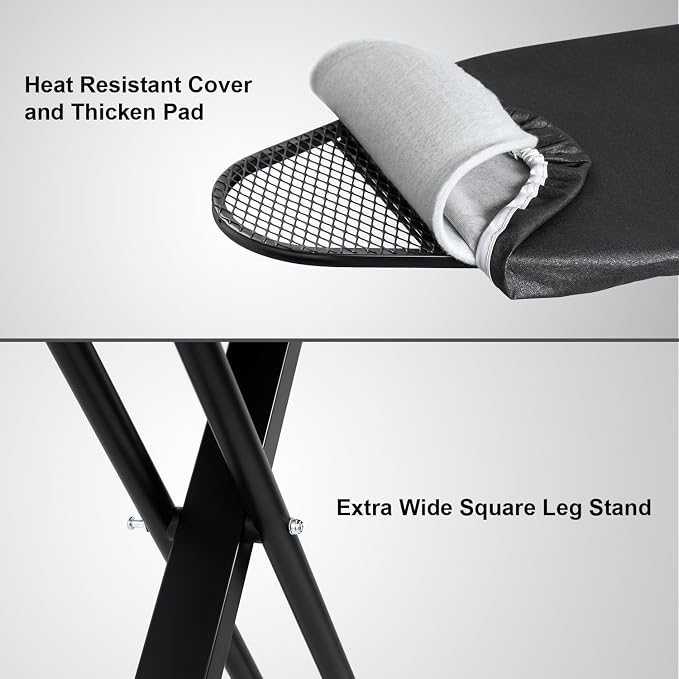 Duwee 17"x46" Ironing Board Full Size,Deluxe Ironing Board with Iron Rest | Heat Resistant Cover and Thicken Felt Pad, Adjustable Height,Heavy Sturdy Legs,Black