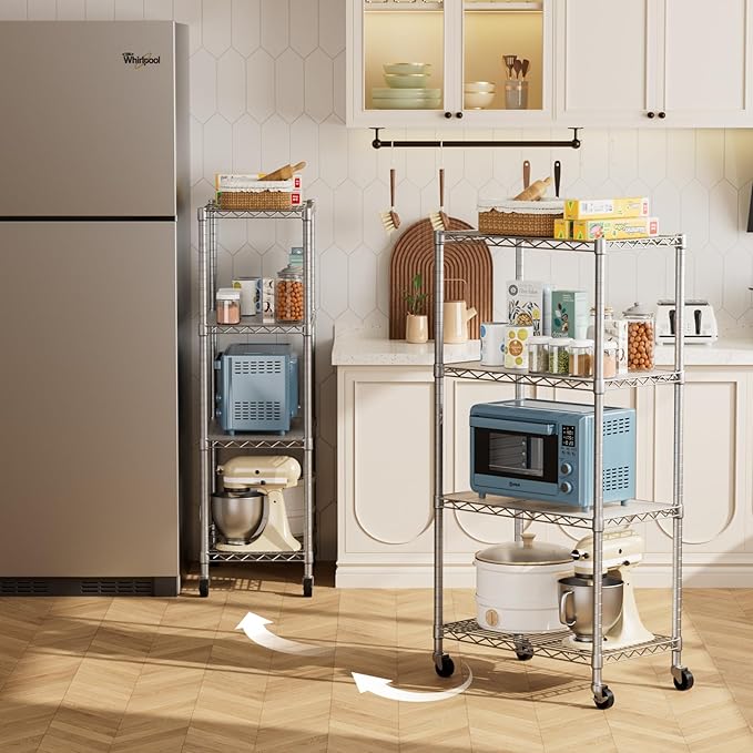 Golpart 4 Tier Shelves Storage Shelf Wire Closet Bathroom Organizers Metal Pantry Kitchen Garage Shelving Unit Laundry Room Organization Home Rack Net Basket White with Wheels 14”D X 24”W X 48.9”H