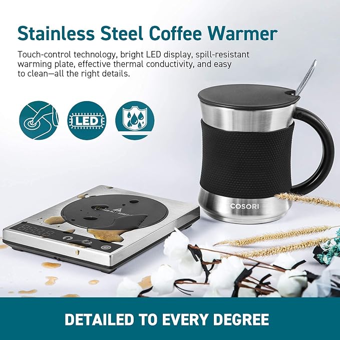 Cosori Coffee Mug Warmer & Mug Set, 1°F Precise Temperature Control | Digital Cup Heater, Touch Tech & LCD Digital Display (77-194℉), 304 Stainless Steel, for Desk, Office, Silver/Black