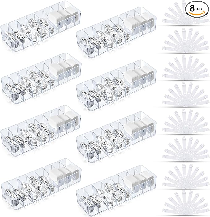 Tatuo 8 Pcs Cable Organizer with 80 Wire Ties, Plastic Cord Storage Charger Box Electronics Organizer with Adjustment Compartments Cable Storage for Drawer Home Office Desk Accessories (Clear)