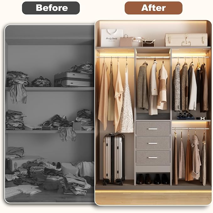 Besiost 4FT Small Closet System with 3 Fabric Drawers, 48'' Closet Organizer System With 3 Adjustable Shelves, Flexible Built-In Clothes Garment Rack for Small Space, 48" L x 13" W x 71" H, Grey