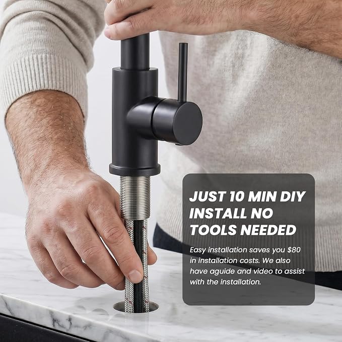 Kicimpro Matte Black Kitchen Faucet with Pull Down Sprayer, 304 Stainless Steel, 23-Inch Extended Hose Design, Three Water Functional Ways, Easy Installation | 304 Stainless Steel,10-Min DIY Install,23-Inch Pull-Down Hose,2-Function Spray,360° Swivel S...