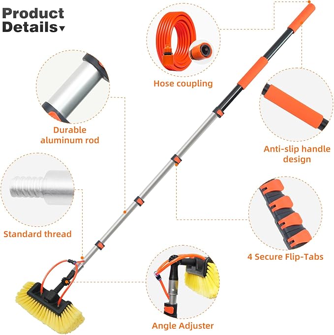 12FT Car Wash Brush with Long Handle, Car Cleaning Brush with 12"Soft Bristle and Hard Bristle, 3-12FT Telescopic Pole with Hose Attachment for Scratch-Free Cleaning Truck,RV,Boat,Siding,Solar Panels