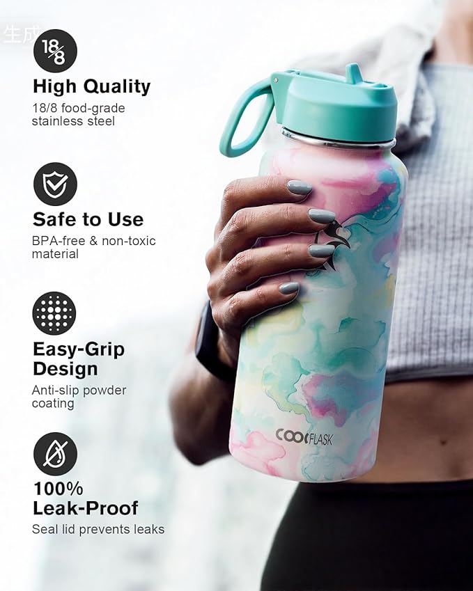 Coolflask Water Bottle Insulated with Straw & 3 Lids, 32 oz Water Jug Large Metal Stainless Steel Wide Mouth for Sports, Gym or Office, Non-BPA Keep Cold 48H Hot 24H, Pastel Sorbet